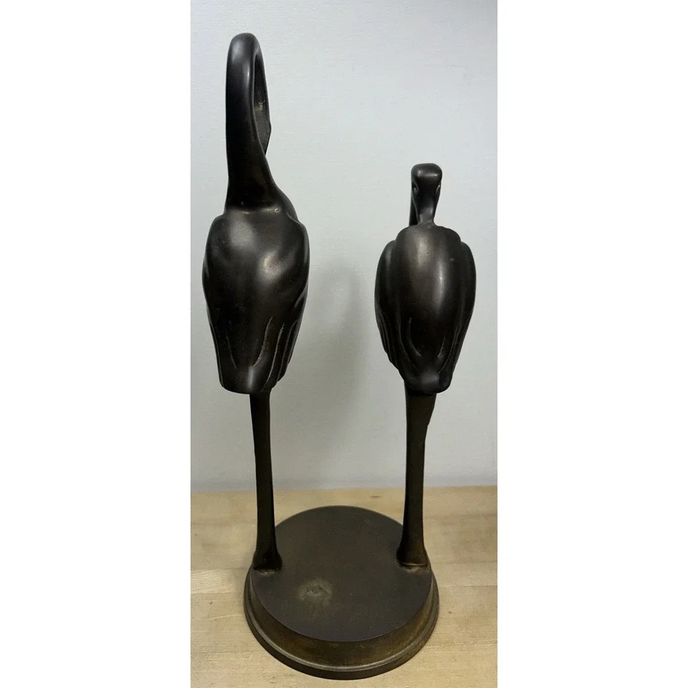 VINTAGE PAIR CHINESE BRASS‎ STORKS CRANE BIRDS STANDING ON BASE